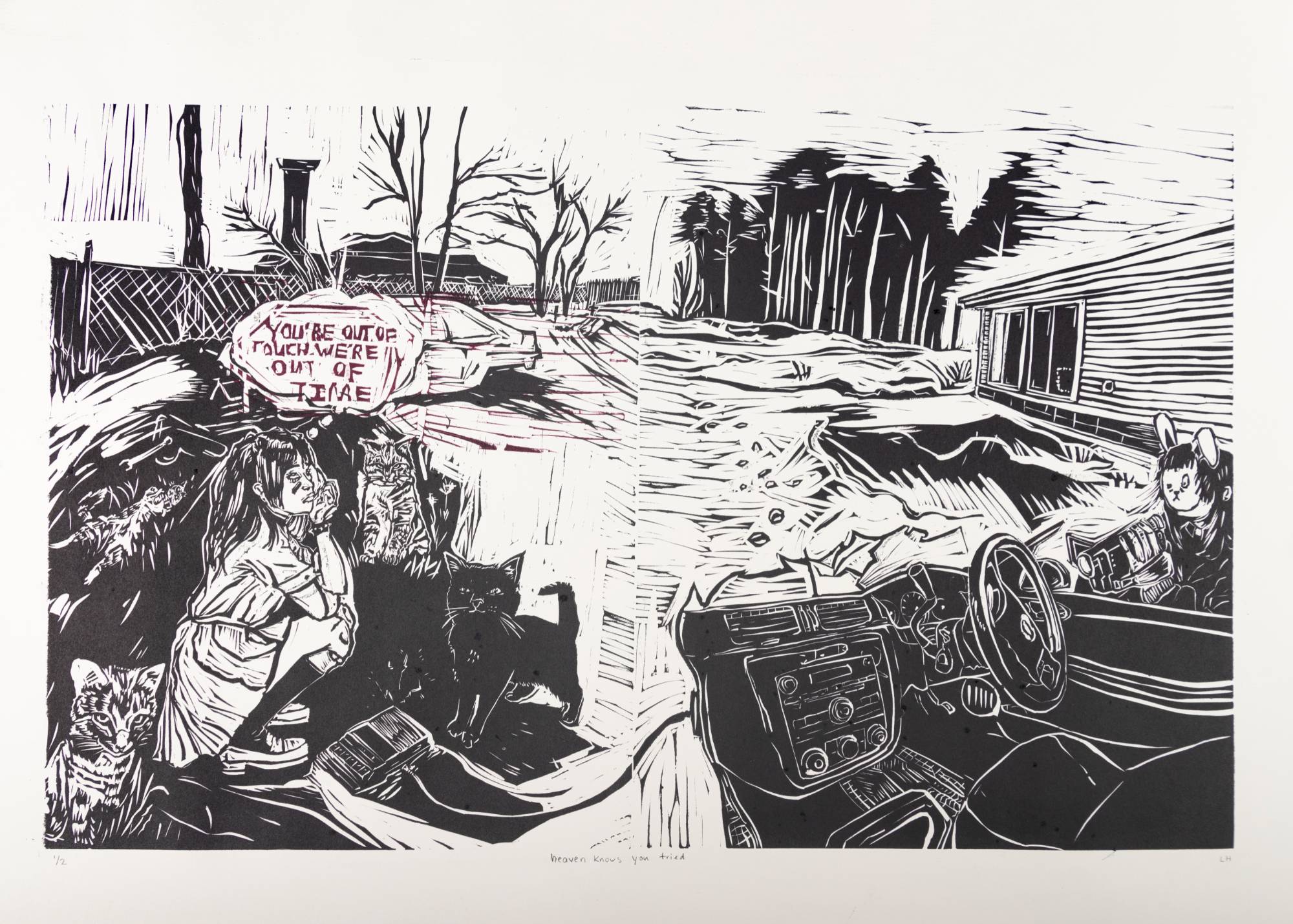 Black and white print spilt down the center into two different but related images. Left side has a crying girl, crouched down near broken down cars with cats. Other side shoes the interior of a car being filmed by a person with bunny ears.